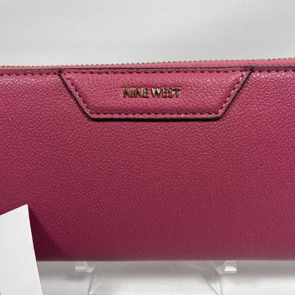 NINE WEST Wallet Accordion Zip Around Leather Card Coin Purse Rouge Pink NEW